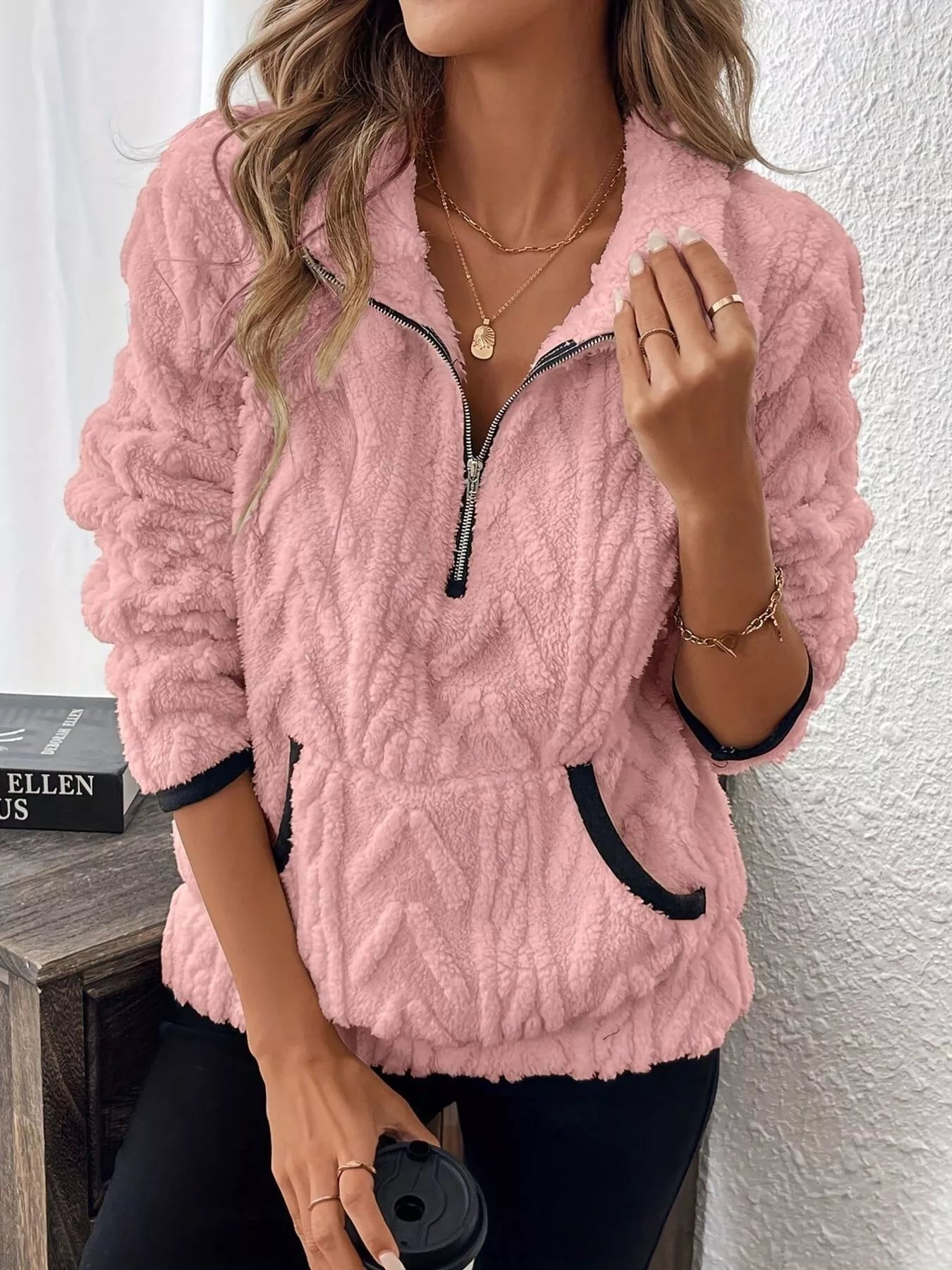 Full Size Half Zip Kangaroo Pocket Sweatshirt Plus Size
