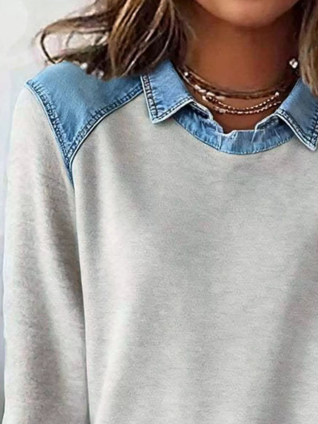 Full Size Denim Trim Long Sleeve Top Plus Size