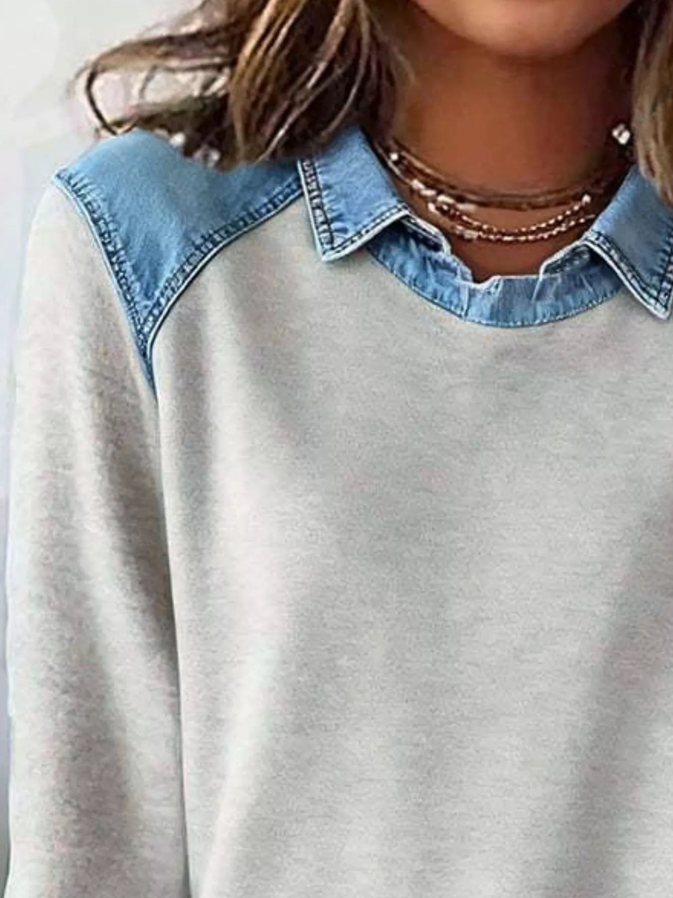 Full Size Denim Trim Long Sleeve Top Plus Size