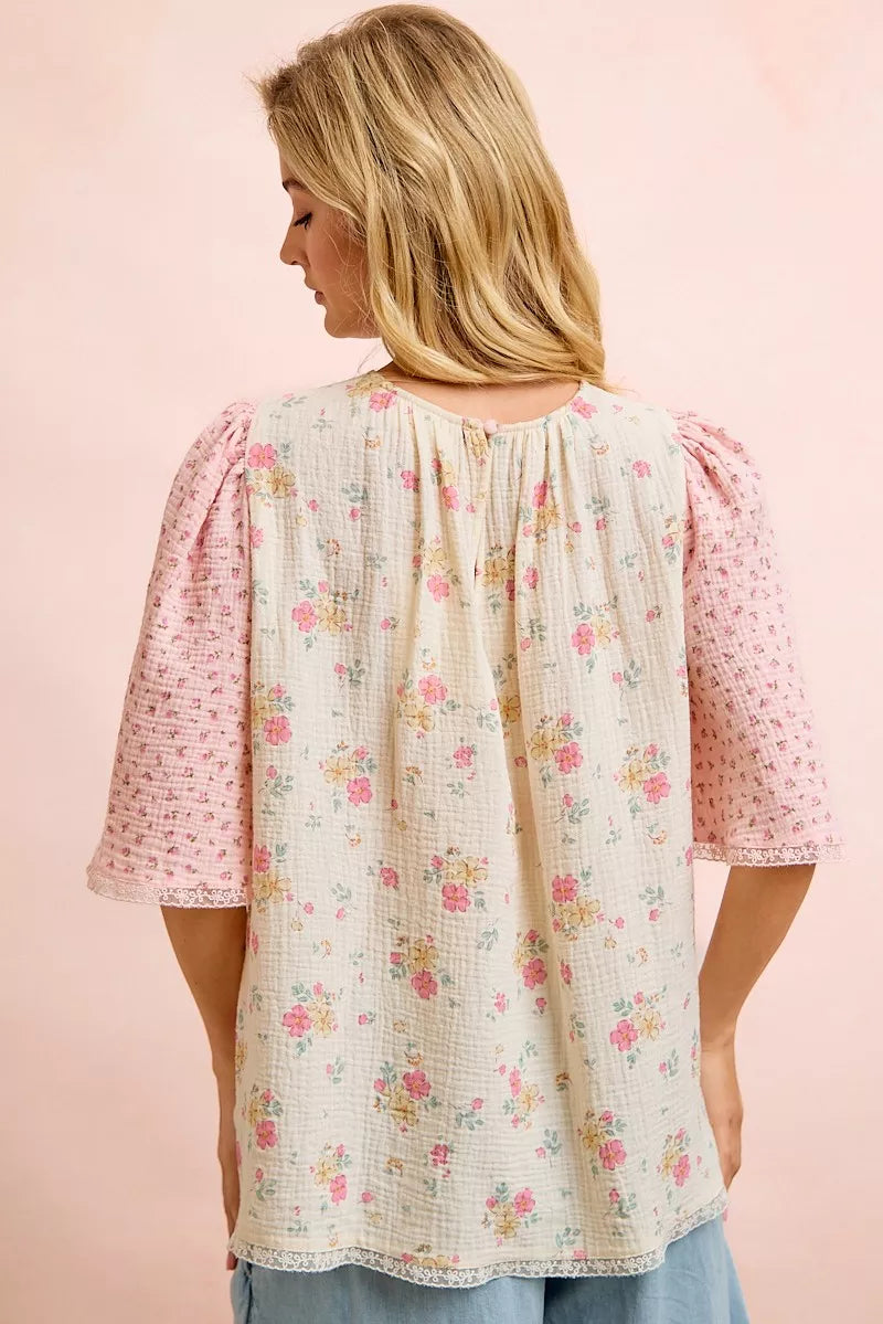 BiBi Crinkle Floral Gauze Mix And Matched Blouse Top