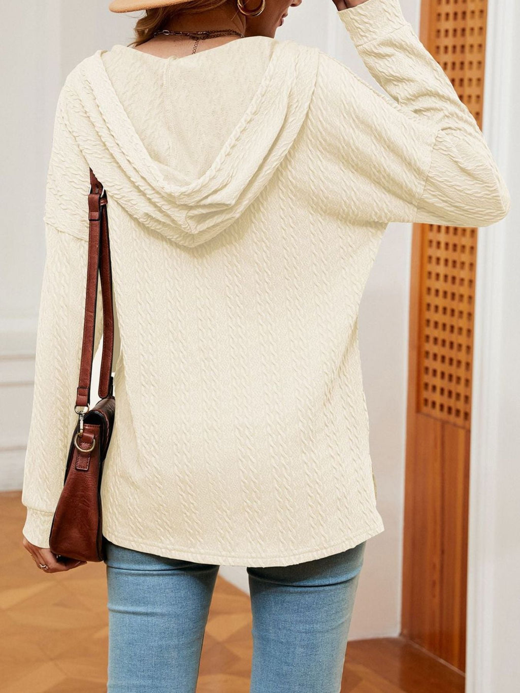Textured Knit Button Detail Hoodie