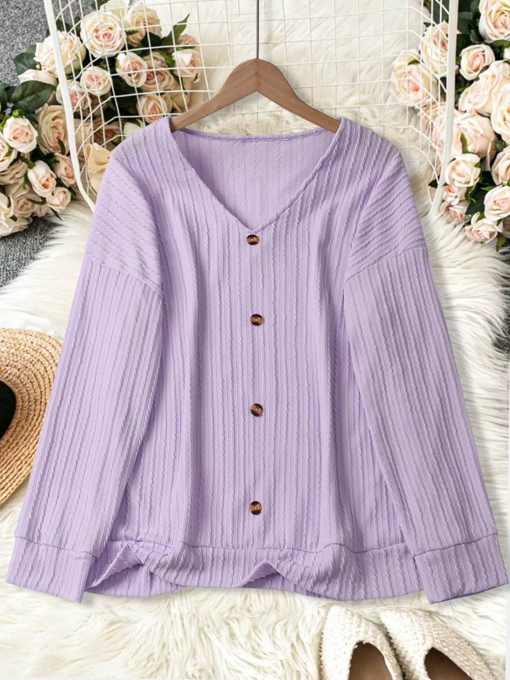 Plus Size V-Neck Dropped Shoulder Blouse