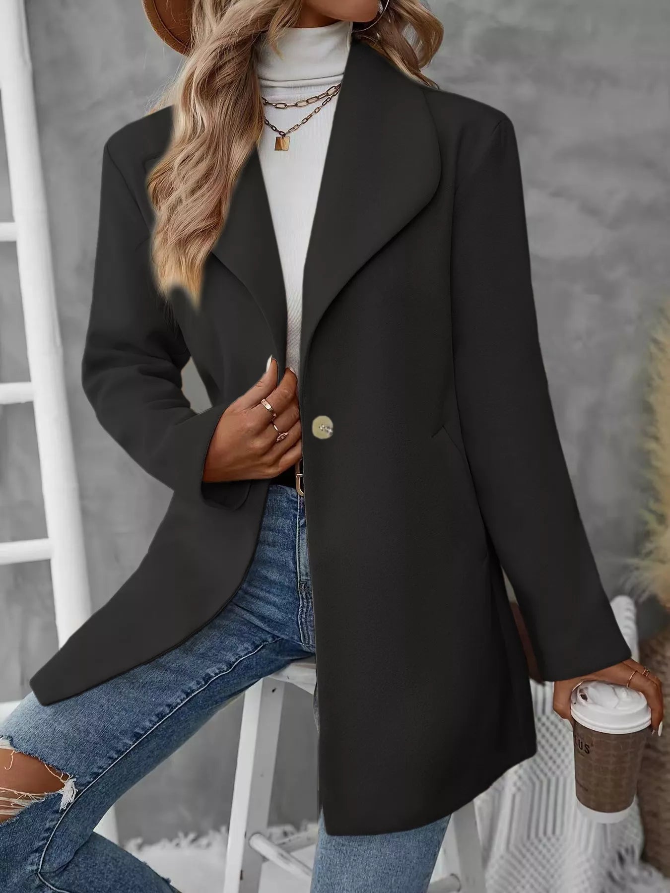 Lapel Collar Single-Button Wool Blend Overcoat