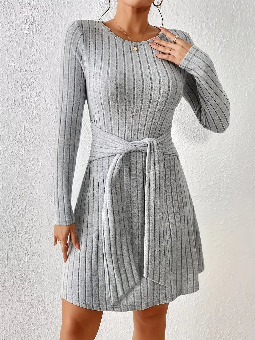 Ribbed Knit Tie Waist Long Sleeve Casual Dress
