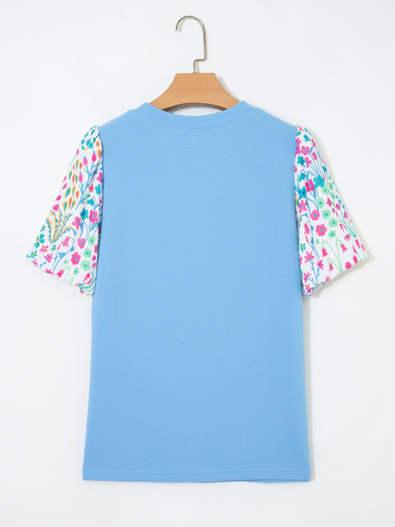 Round Neck Textured Contrast Floral Bubble Sleeve Blouse