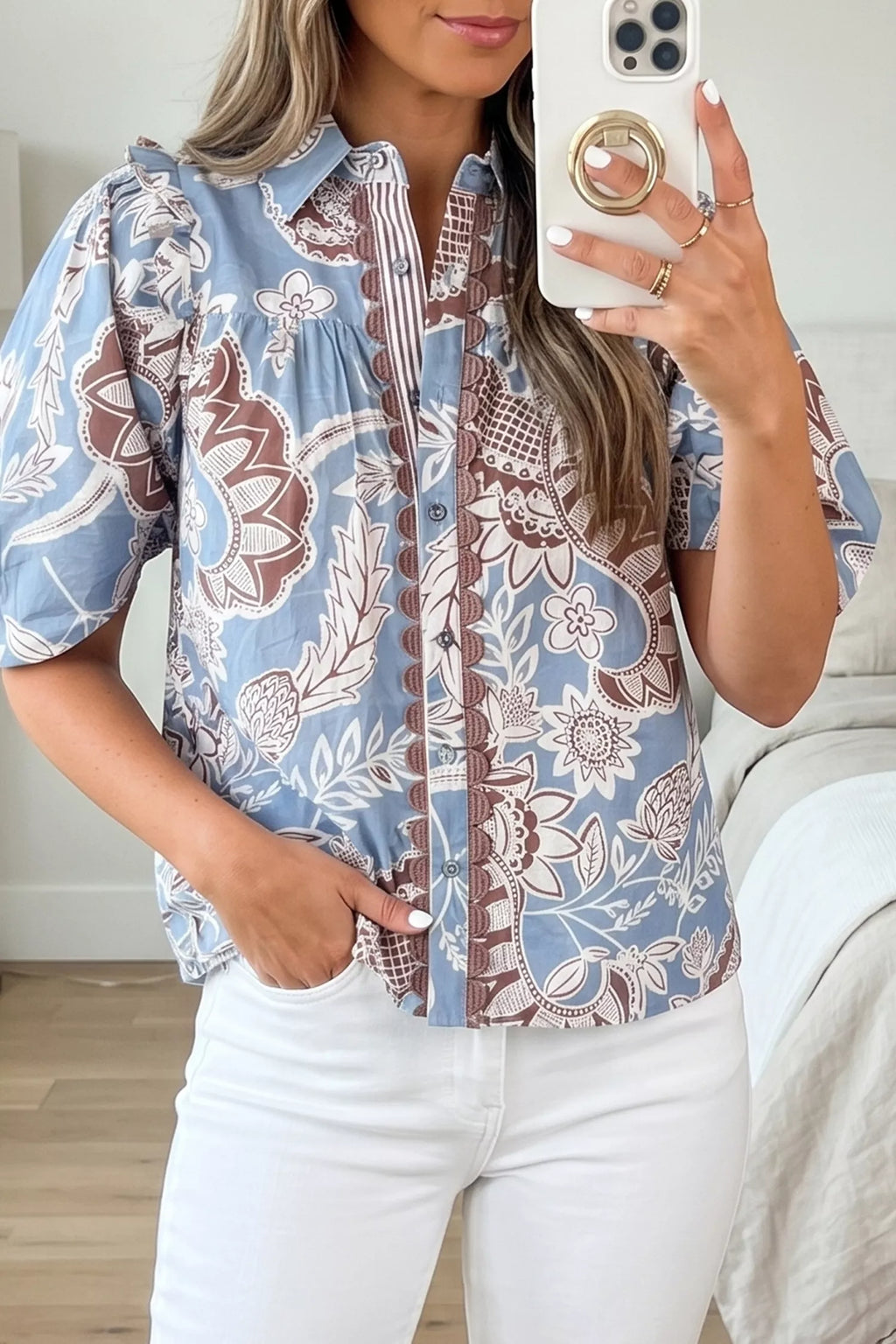 Floral Print Scalloped Trim Button Down Short Sleeve Shirt