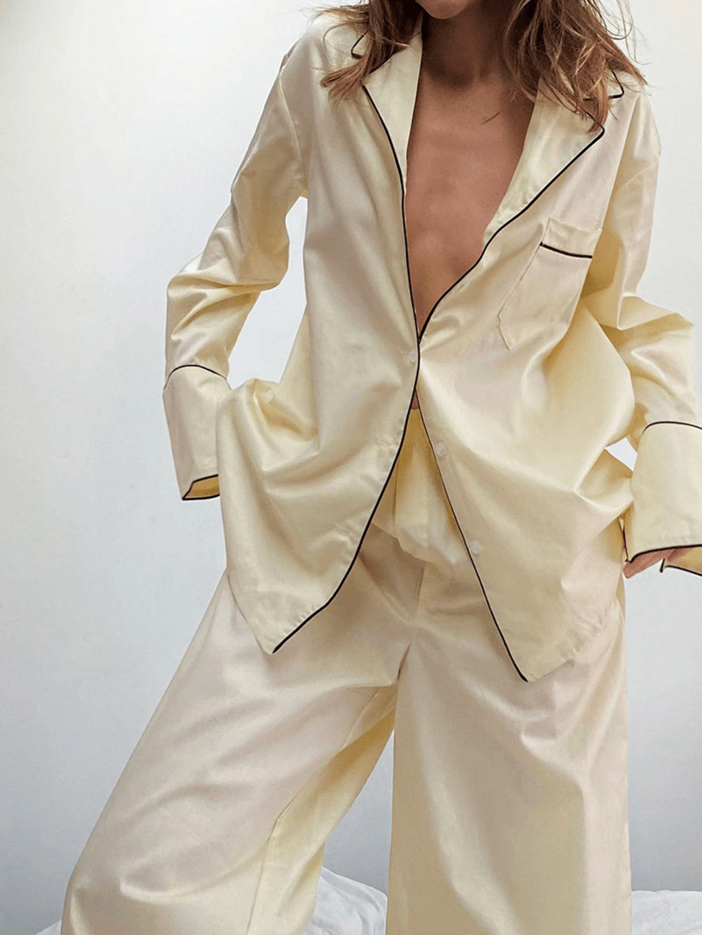 Contrast Trim Button Up Top and Pants Lounge Set