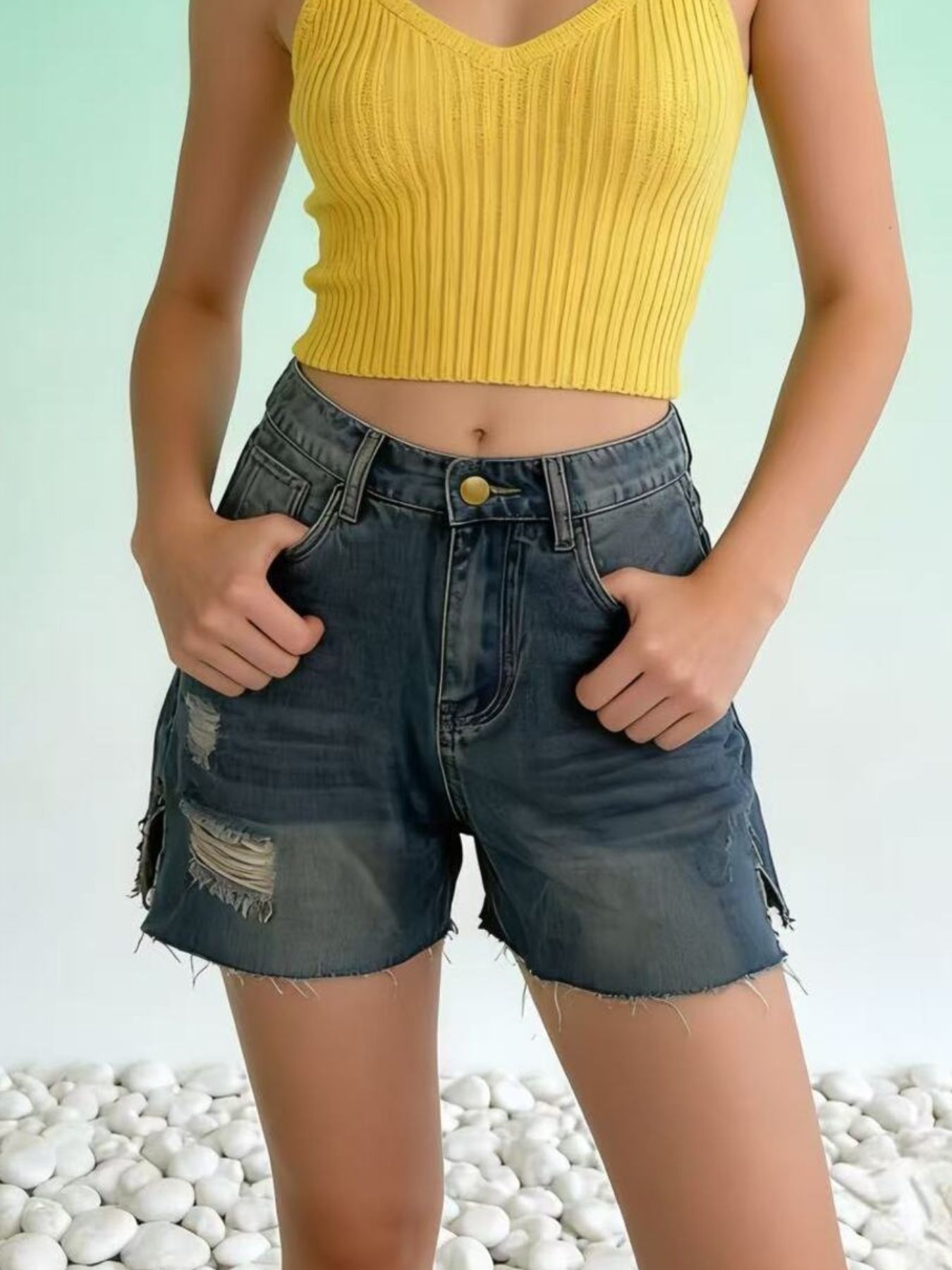 Distressed Slit Denim Shorts