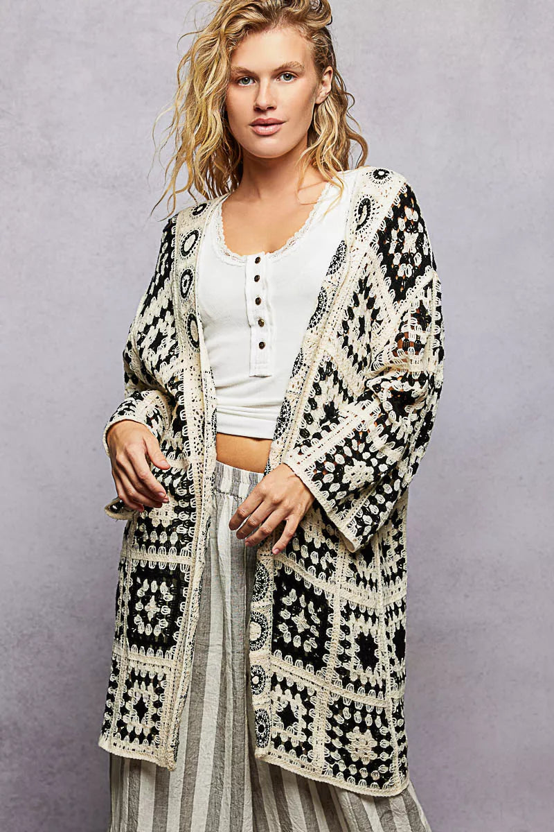 POL Open Front Crochet Cardigan with Granny Square Pattern