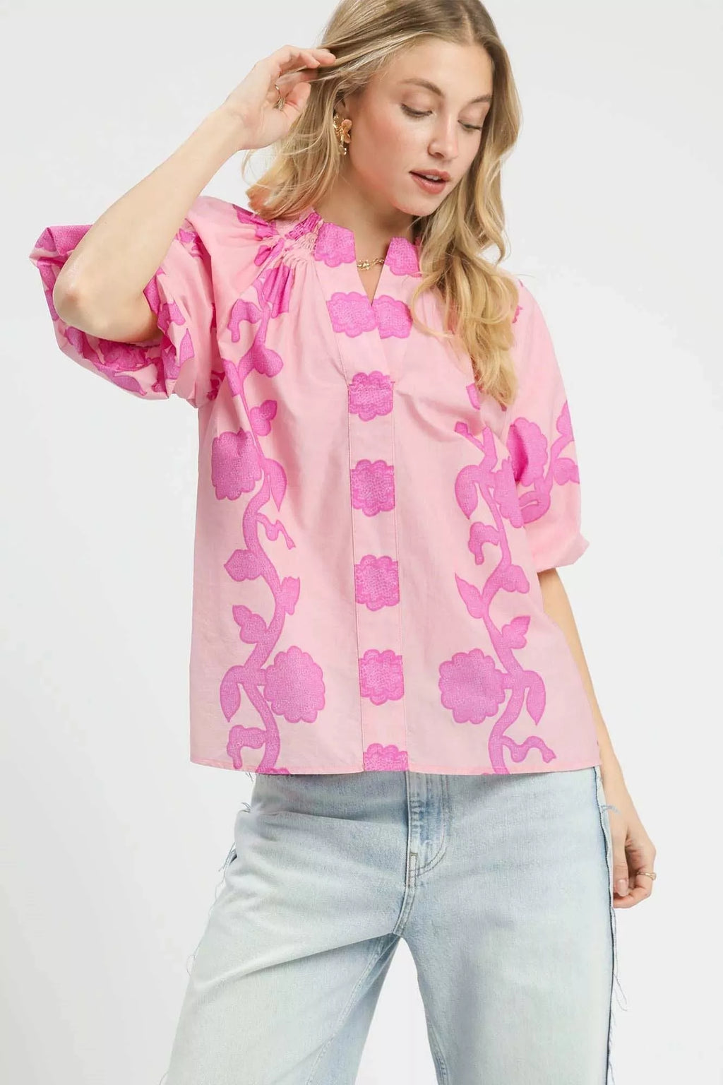 Umgee Floral Smocked Notched Puff Sleeve Blouse