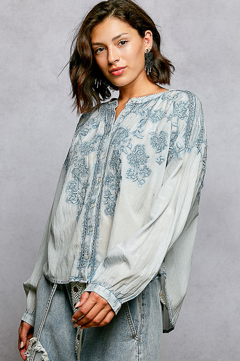 POL Floral Embroidered Button Down Long Sleeve Shirt