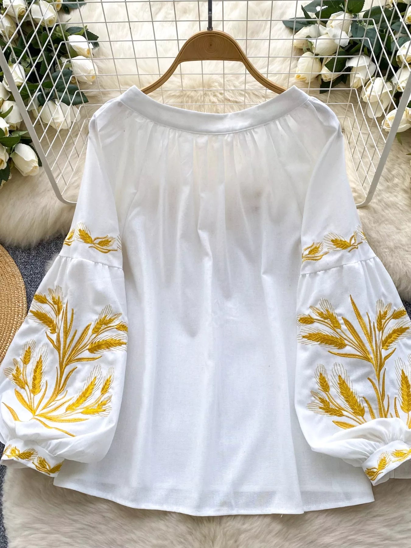 Embroidered Wheat Pattern Tie Neck Blouse