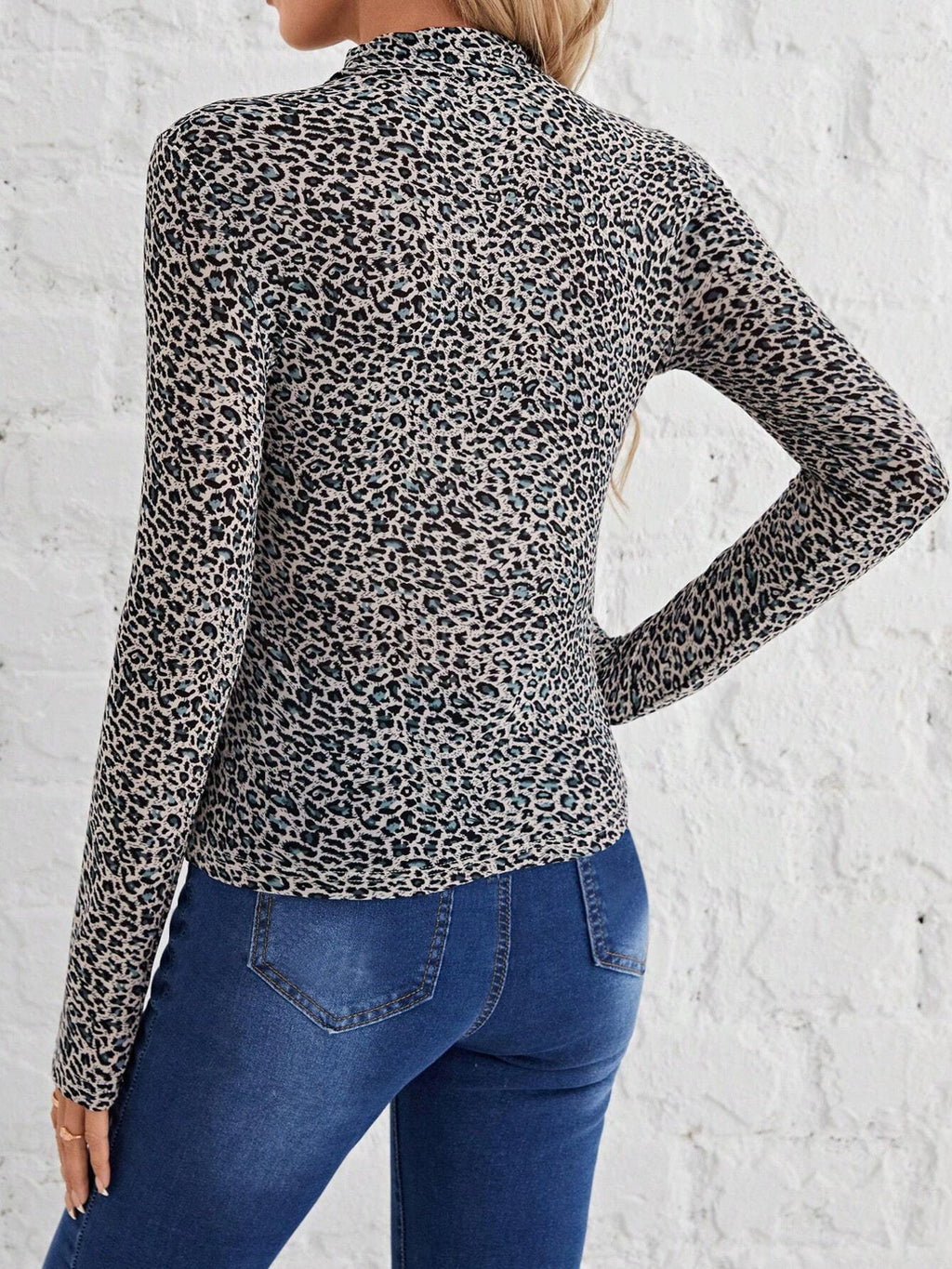 Animal Print Mock Neck Long Sleeve T-Shirt