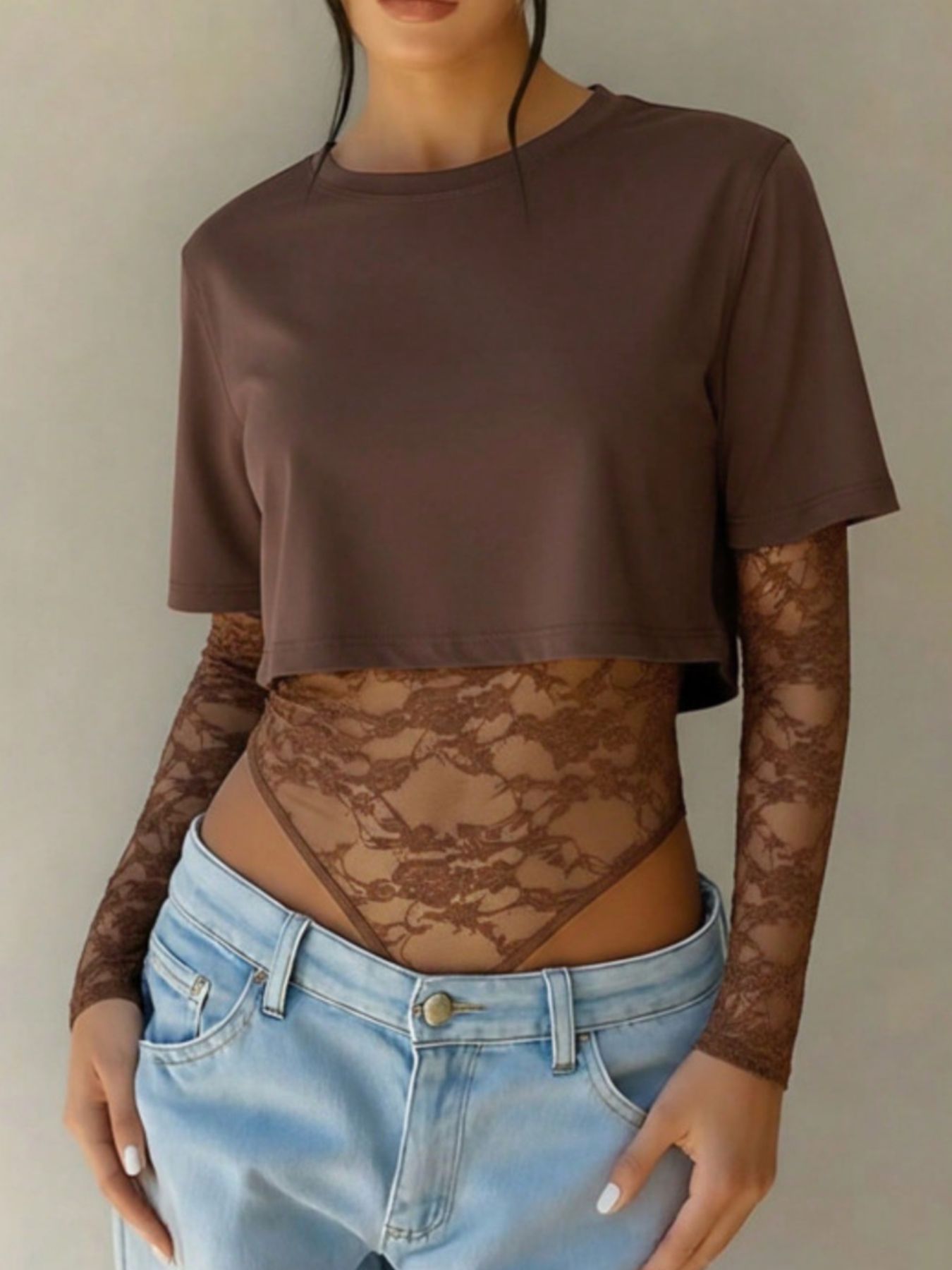 Lace Patchwork Round Neck Bodysuit
