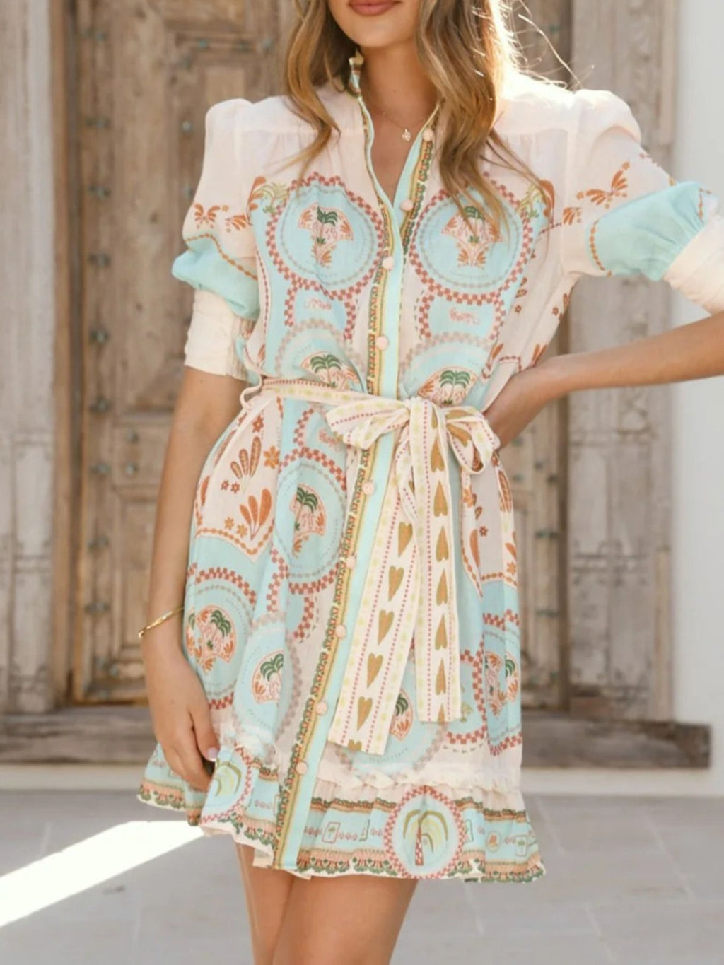Printed Tie Waist Mini Dress