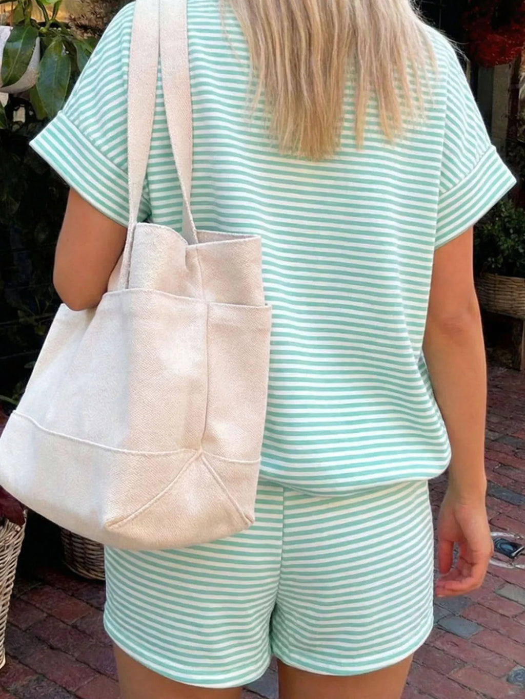 Full Size Striped Round Neck Tee and Shorts Set Plus Size