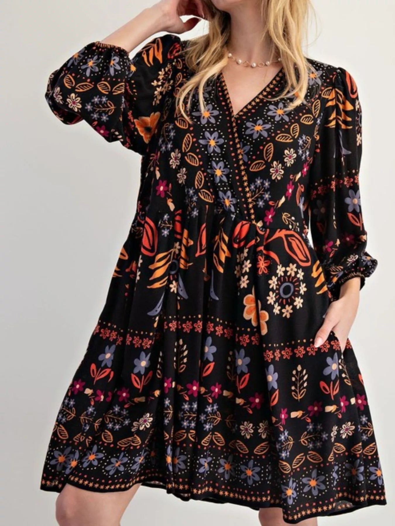 Bohemian Floral Print Long Sleeve Mini Dress