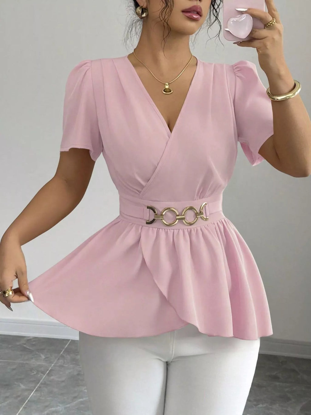 Surplice Short Sleeve Blouse