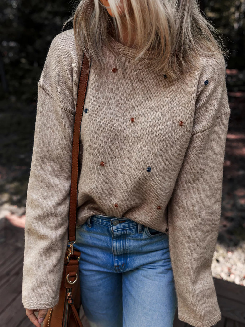 Contrast Colored Dot Detail Drop Shoulder Sweater