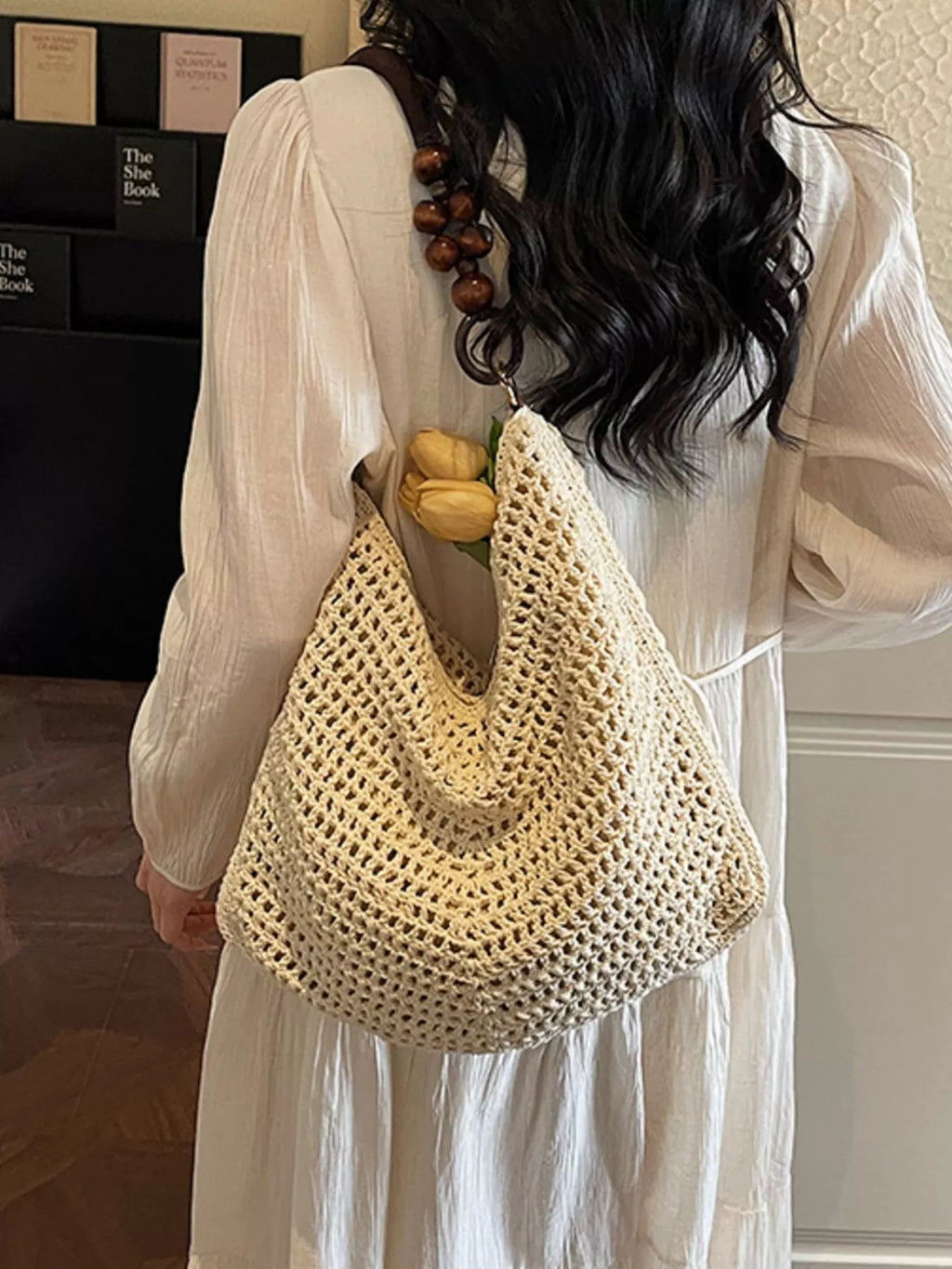Knitted Shoulder Bag with Wooden Bead Handle