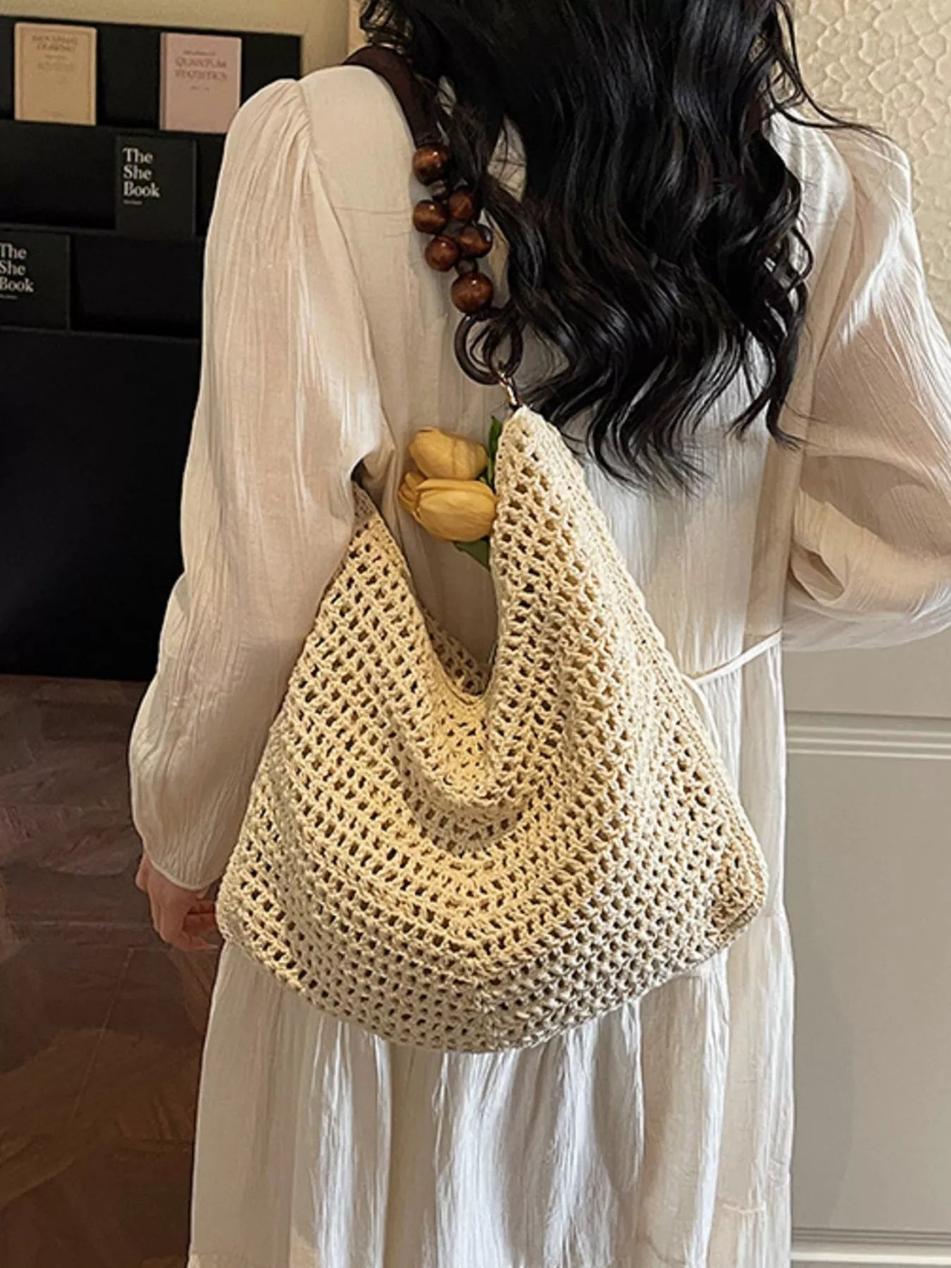 Knitted Shoulder Bag with Wooden Bead Handle