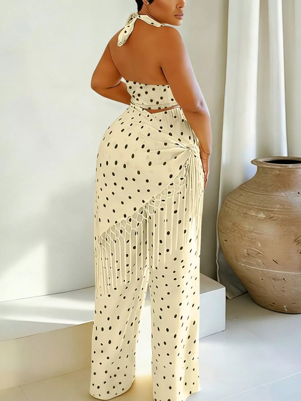 Polka Dot Halter Neck Cami and Fringe Trim Pants Set
