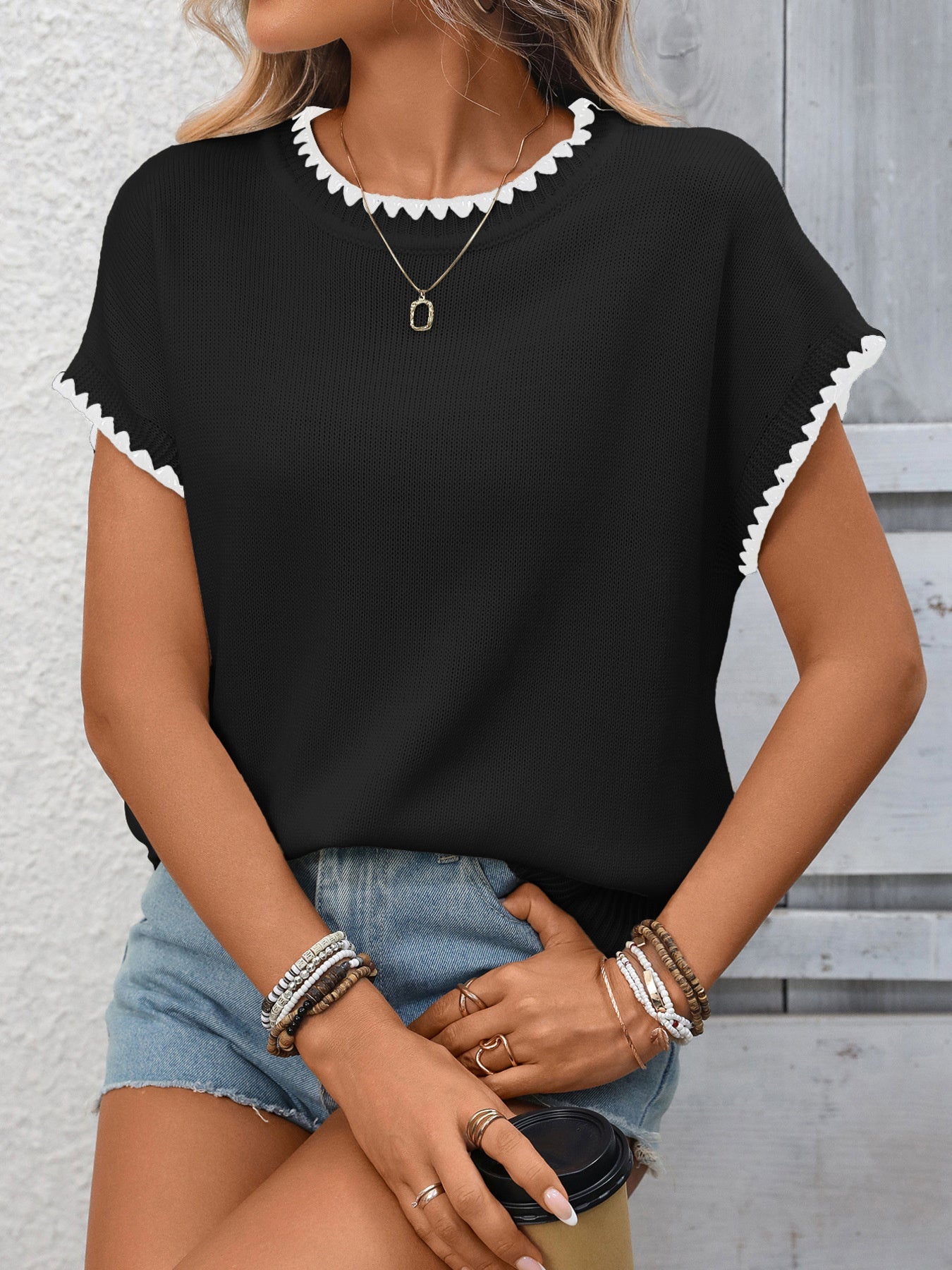 Contrast Trim Short Sleeve Sweater