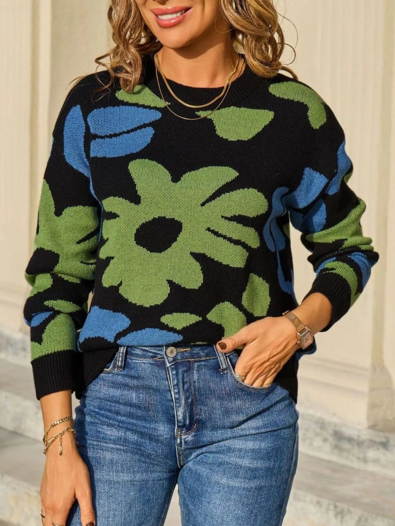 Floral Crew Neck Long Sleeve Sweater