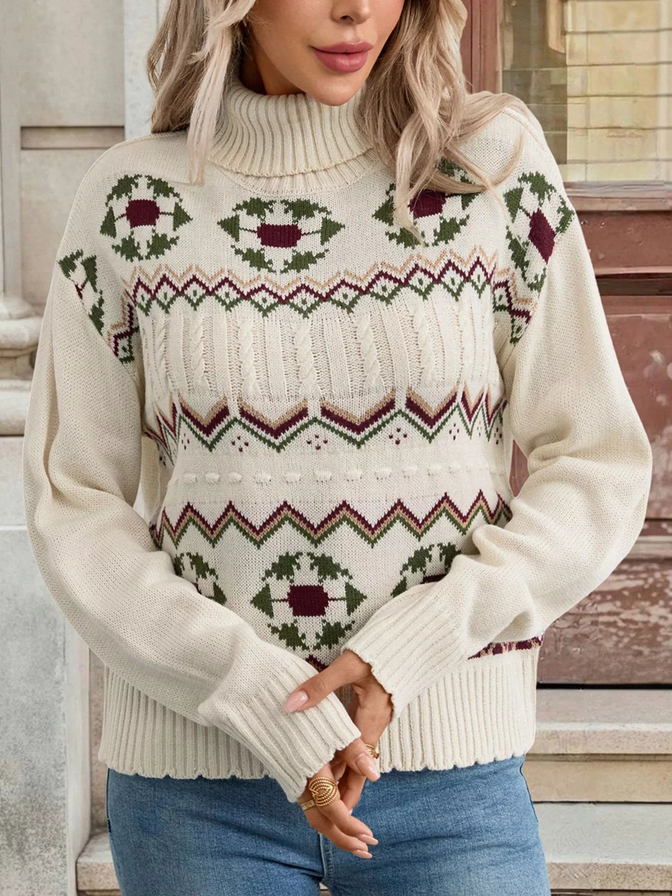 Geometric Turtleneck Long Sleeve Sweater