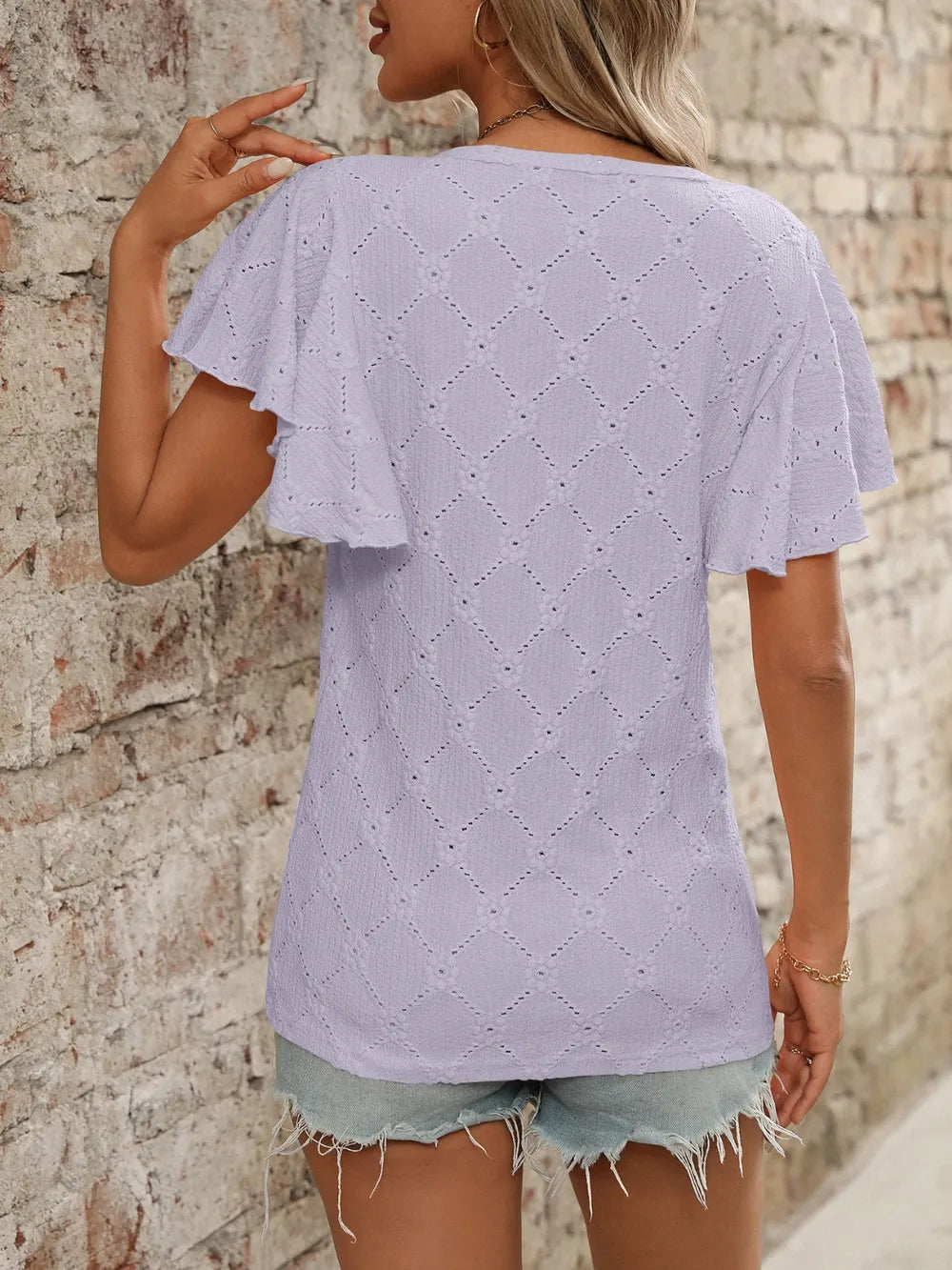 Eyelet Round Neck Flutter Sleeve Top