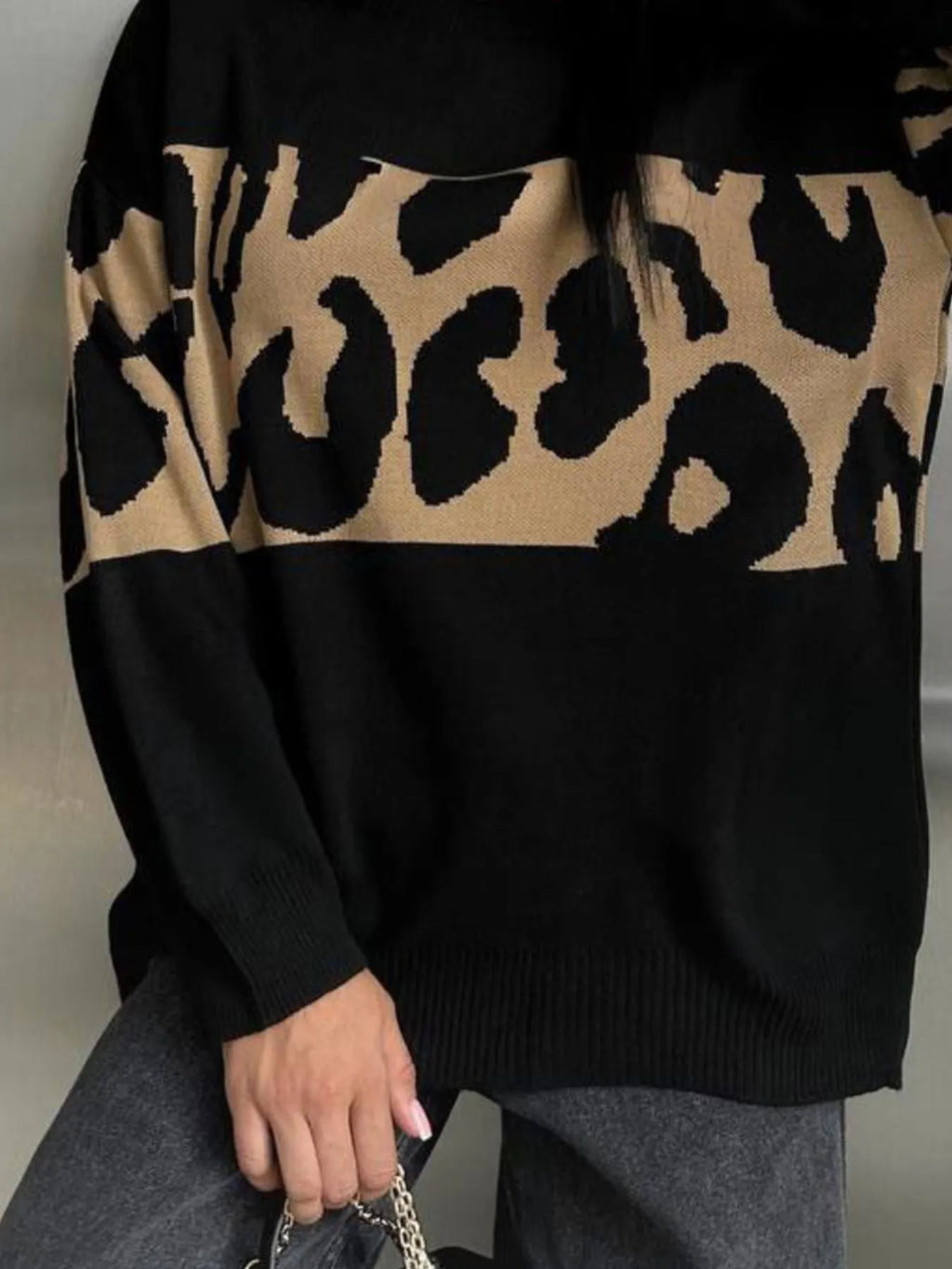 Leopard Color Block Round Neck Sweater