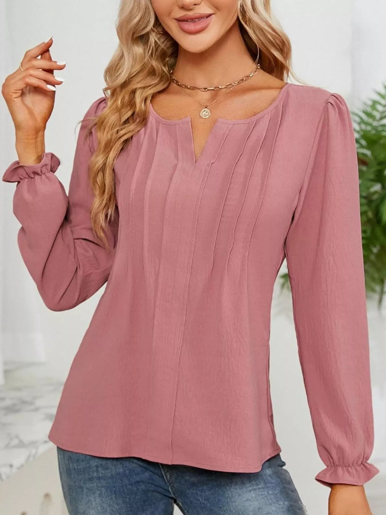 Notched Ruffle Cuff Blouse