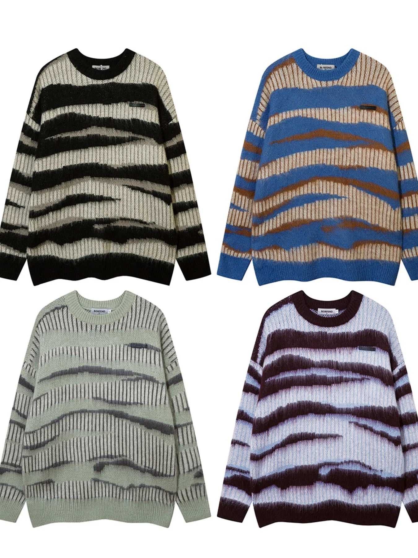 Men's Oversized Contrast Striped Round Neck Sweater