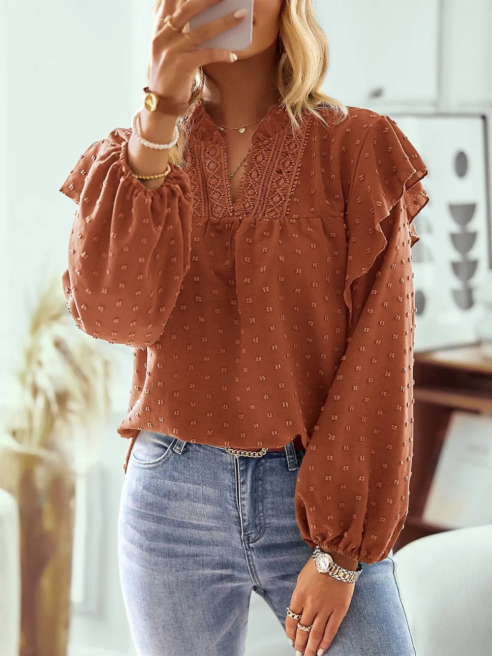 Swiss Dot Ruffled Long Sleeve Blouse