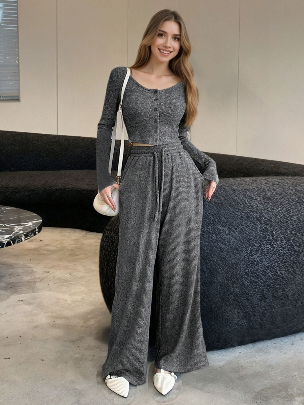 Casual Knit Long Sleeve Top and Wide Leg Pants Set