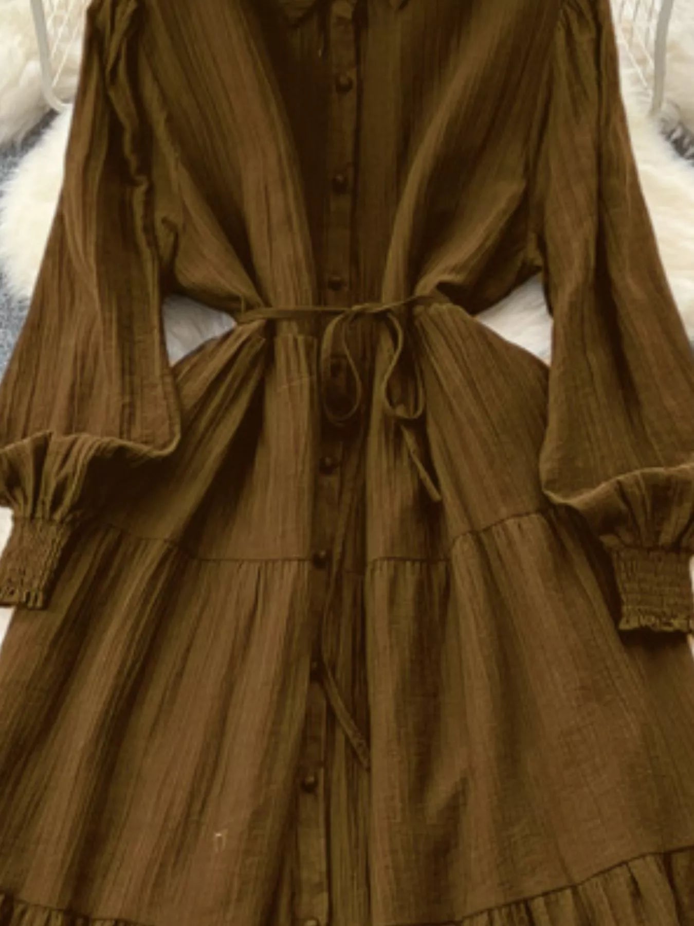 Button Down Tiered Long Sleeve Dress