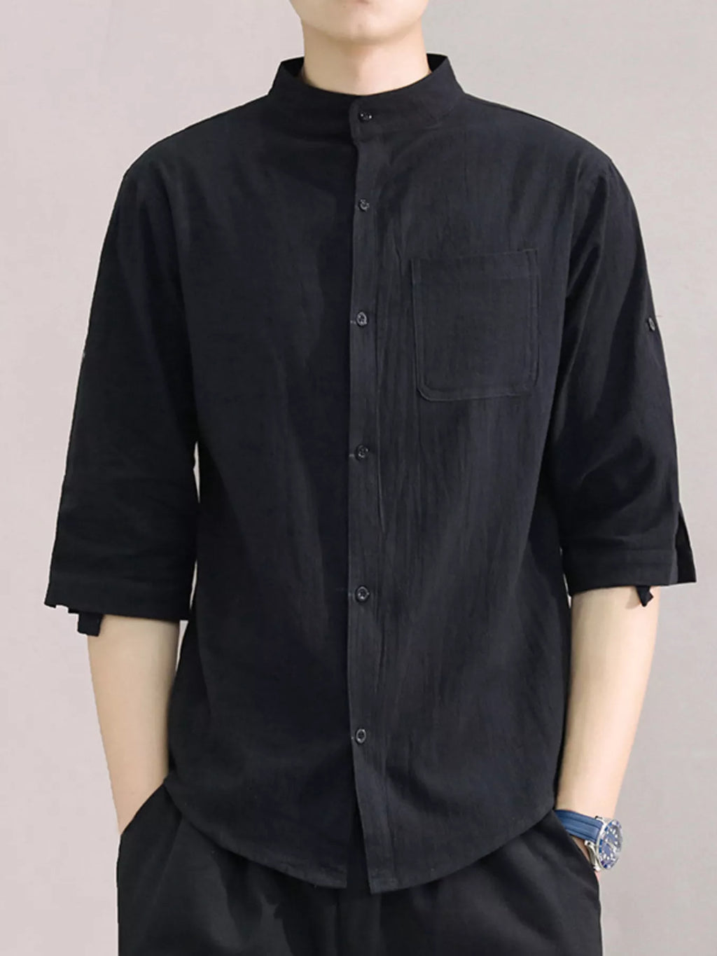 Men's Plus Size Button Up Roll-Up Sleeve Shirt