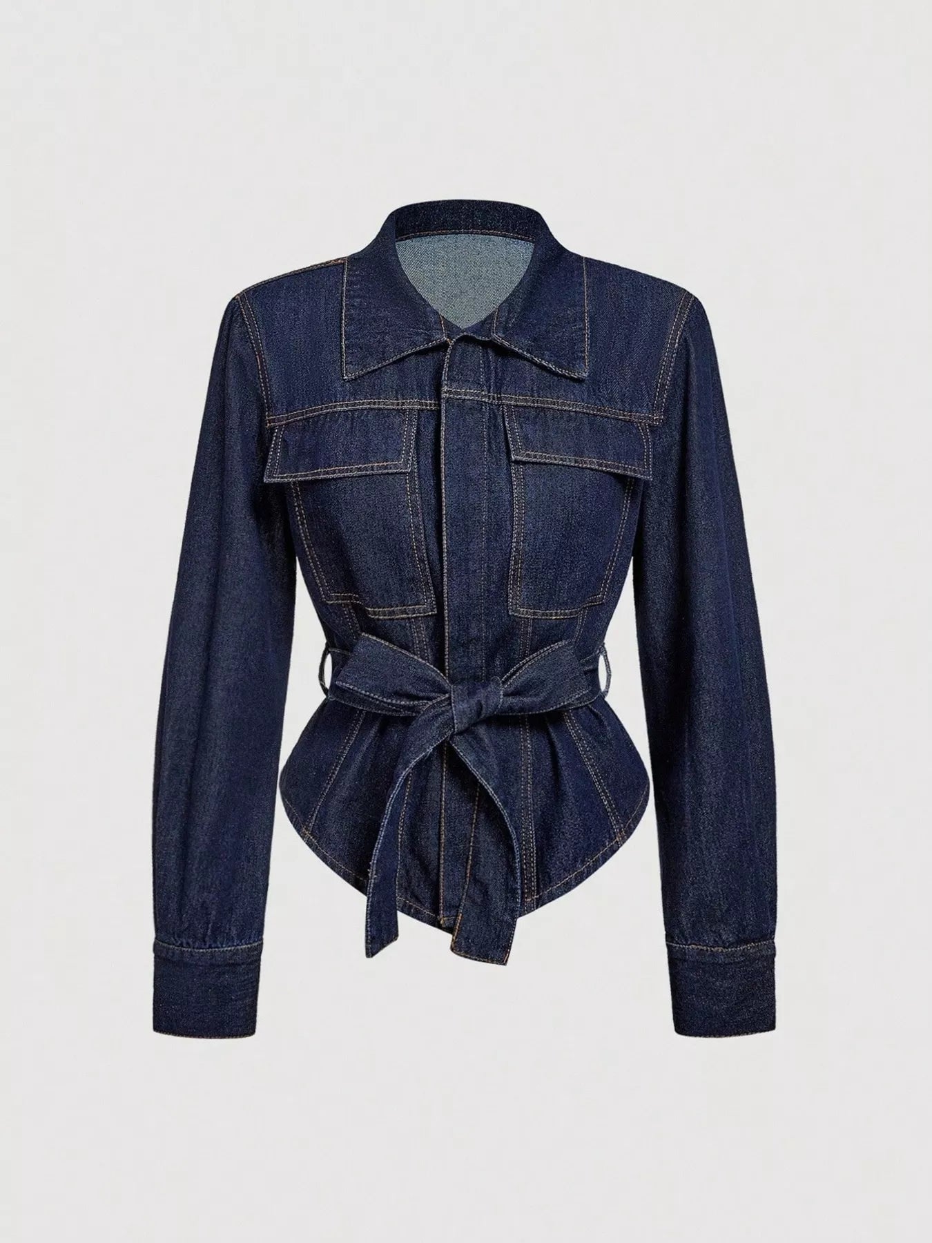 Tie Waist Long Sleeve Denim Jacket