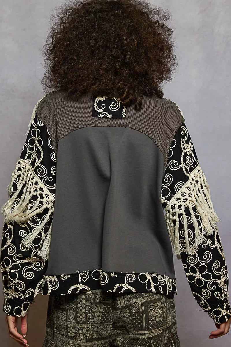 POL Contrast Floral Embroidery Balloon Sleeve Top with Tassel Trim