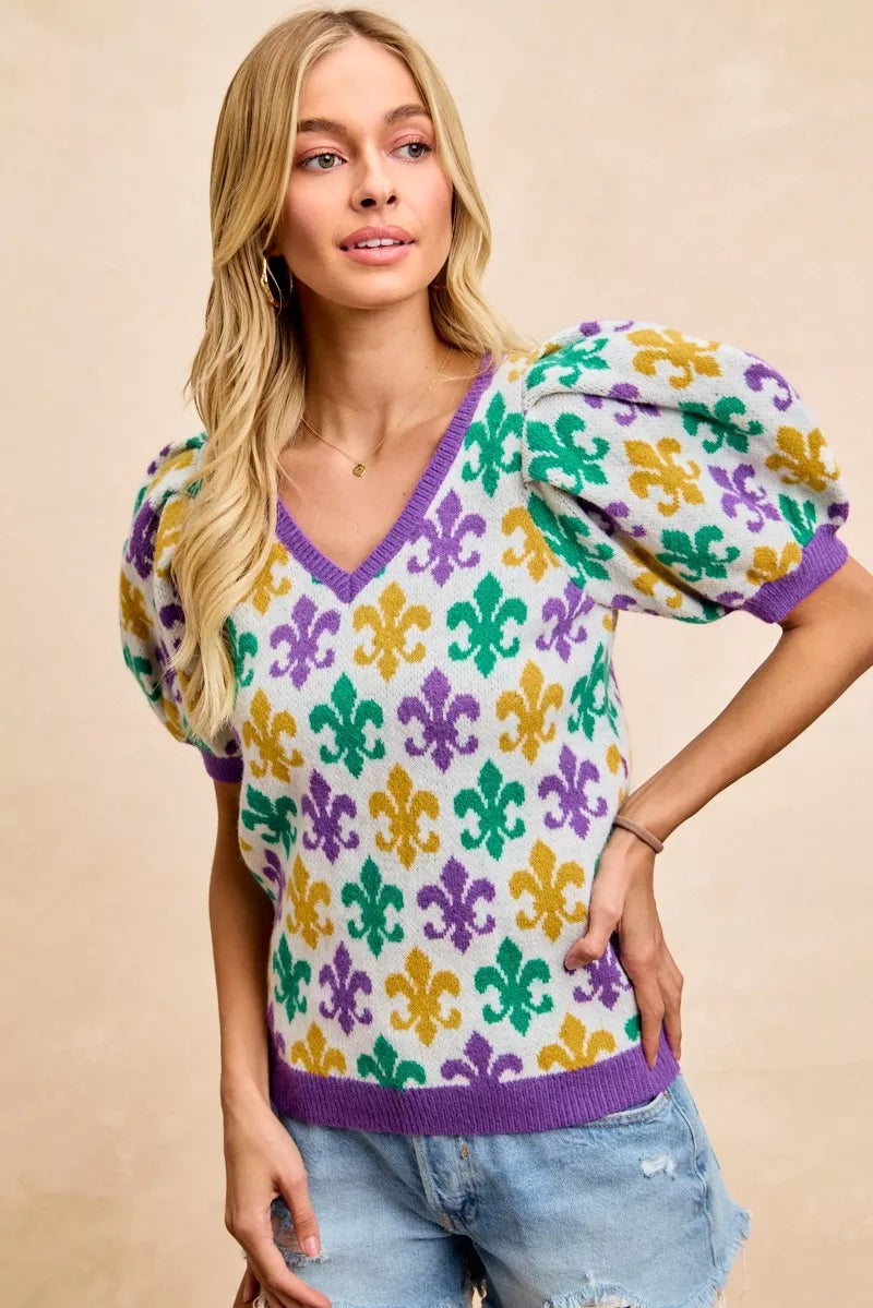 BiBi Mardi Gras Fleur De Lis Patterned V Neck Knit Top