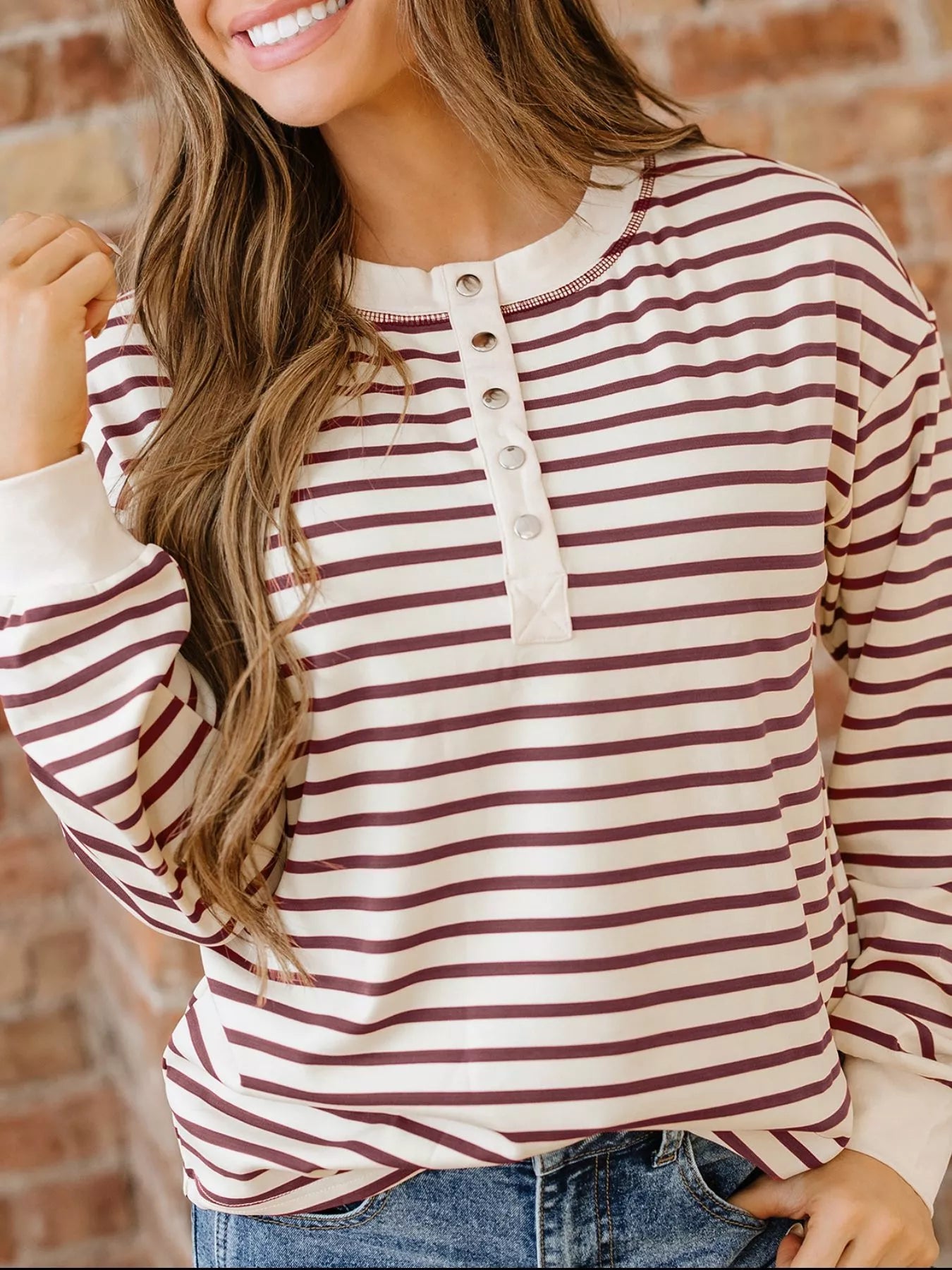 Striped Drop Shoulder Long Sleeve Henley Top