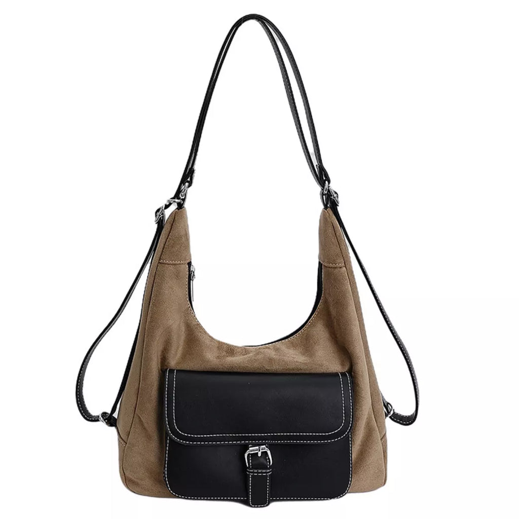 Suede Leather Convertible Backpack Bag with Front Pocket