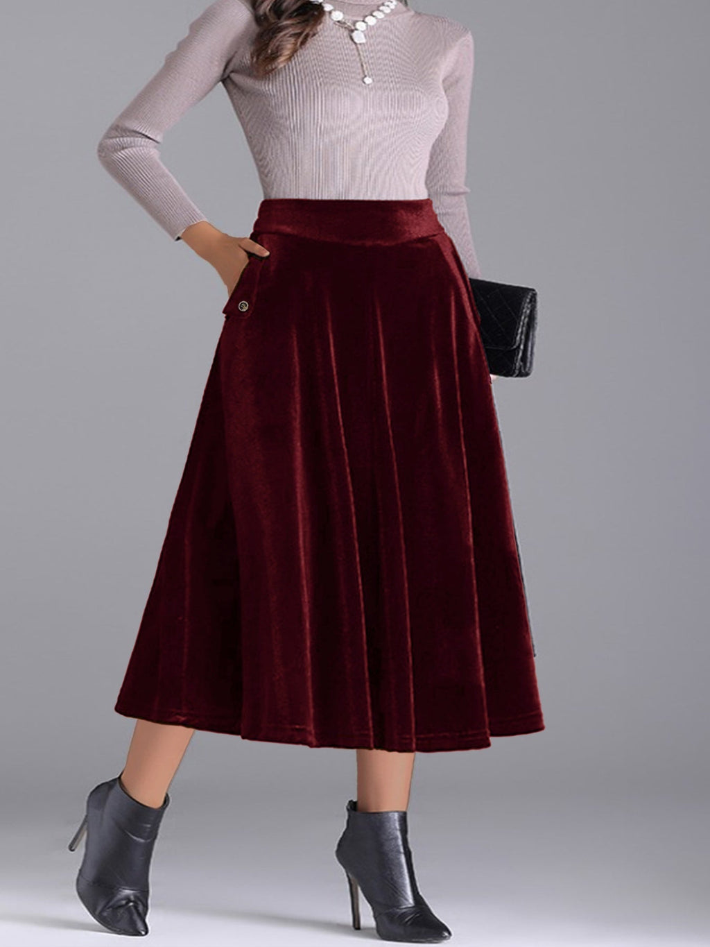 Plus Size Elegant Velvet A-Line Midi Skirt