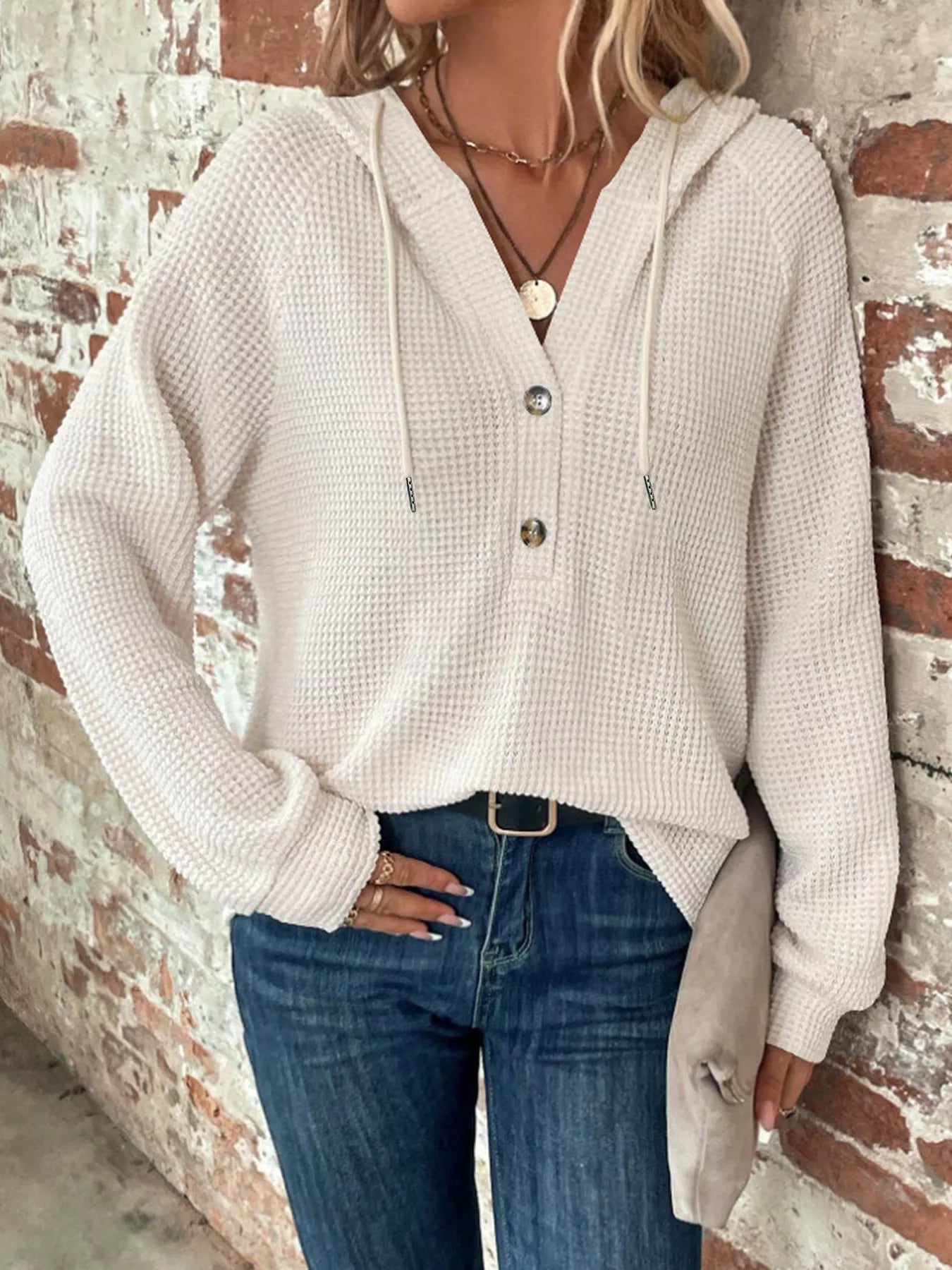 Full Size Button Detail Waffle Knit Hoodie Plus Size