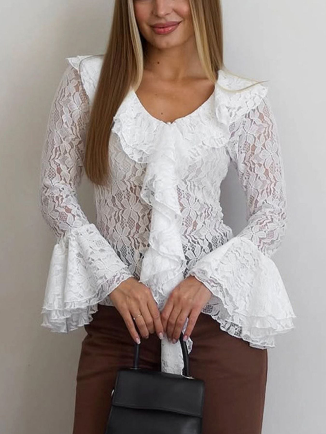 Ruffle Lace Flounce Sleeve Blouse