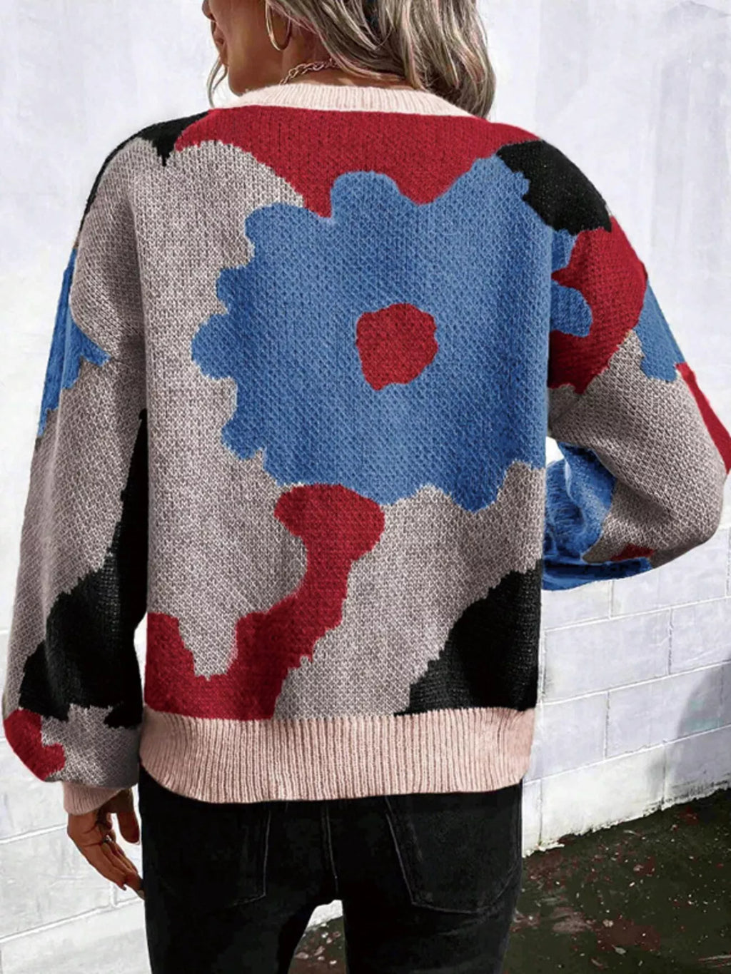 Floral Pattern Round Neck Sweater