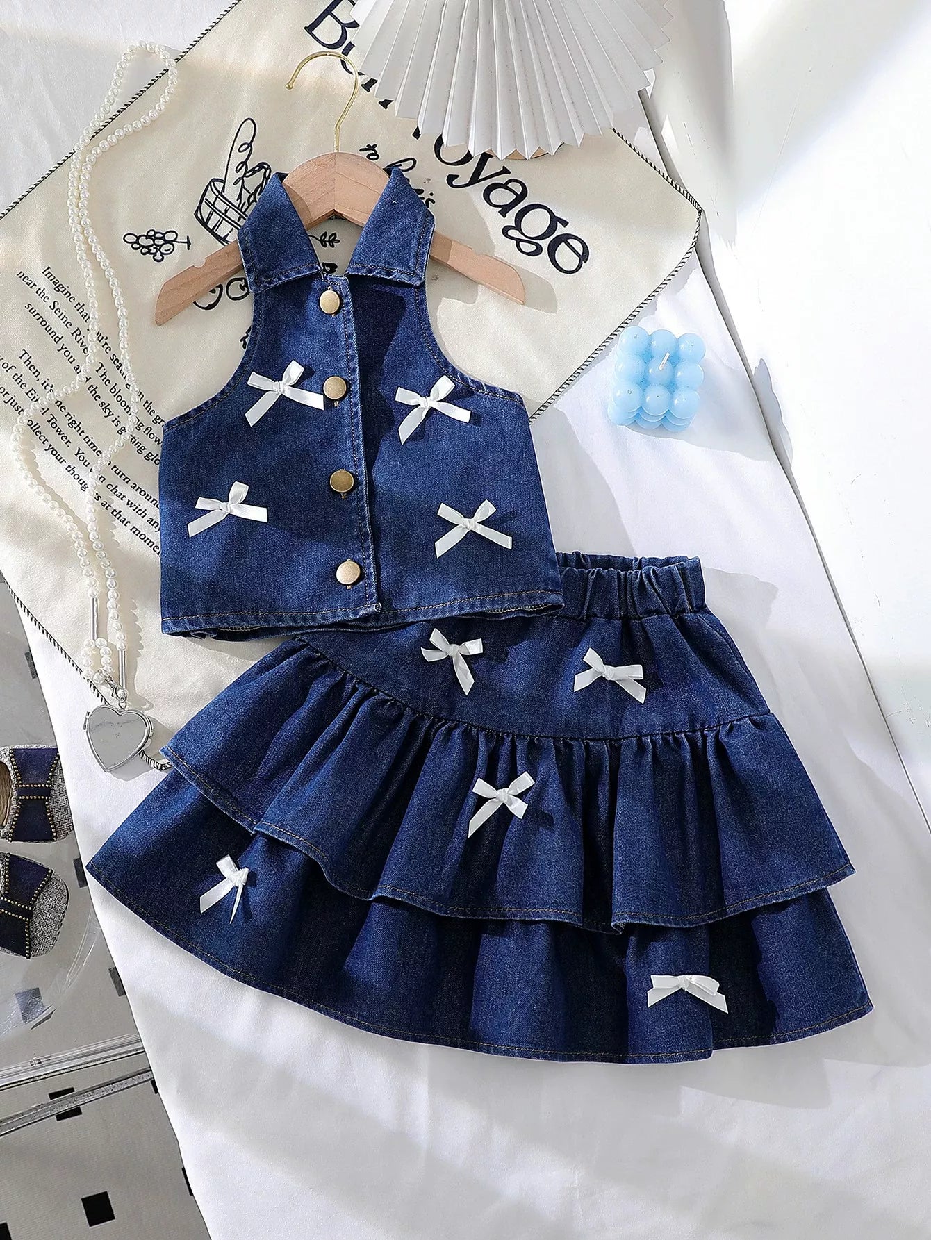 Children's Button UP Vest and Skirt Denim Set