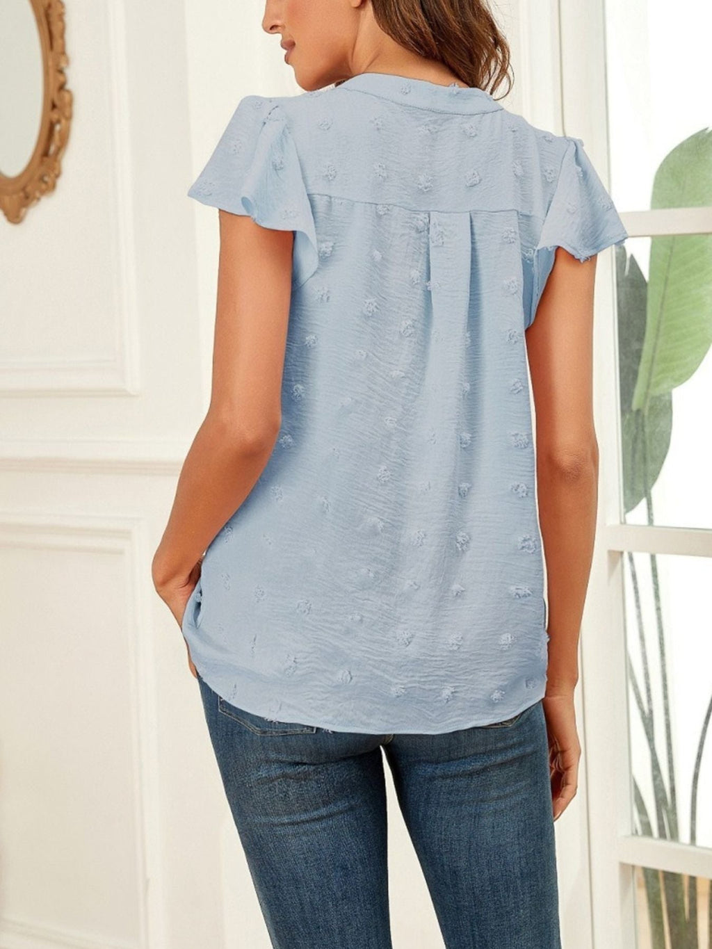 Swiss Dot Ruffled Sleeve Blouse