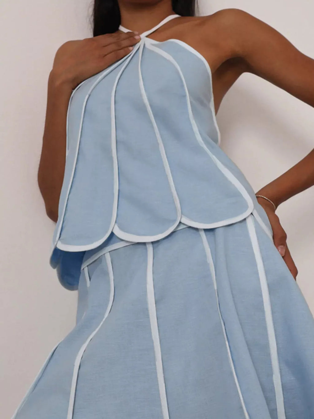 Contrast Trim Halter Neck Top and Skirt Set