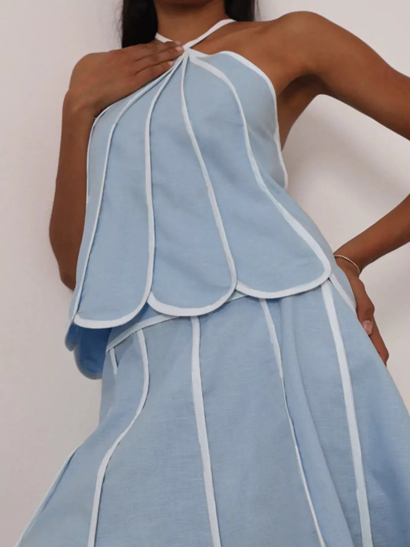 Contrast Trim Halter Neck Top and Skirt Set